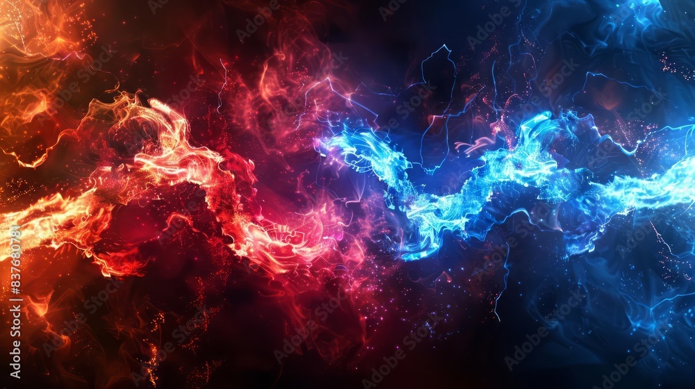 Design a vibrant display of red and blue explosions intertwining and lighting up the sky Design a vibrant display of red and blue explosions intertwining and lighting up the sky