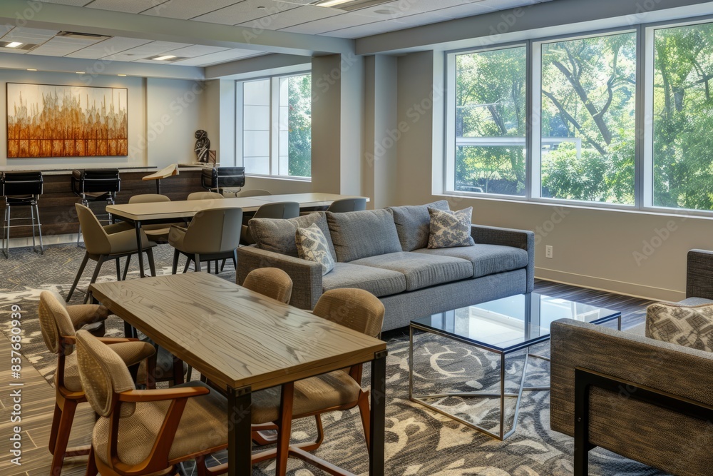 Professional Photography of the employee lounge or relaxation area in the corporate headquarters, offering a, Generative AI Professional Photography of the employee lounge or relaxation area in the corporate headquarters, offering a, Generative AI