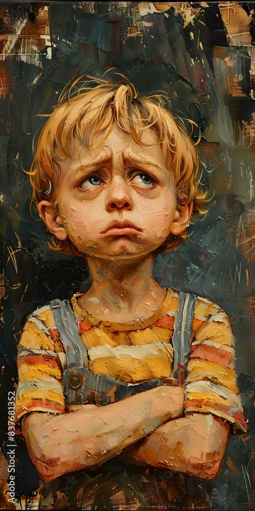 A boy with blond hair and blue eyes is standing with his arms crossed. A boy with blond hair and blue eyes is standing with his arms crossed.