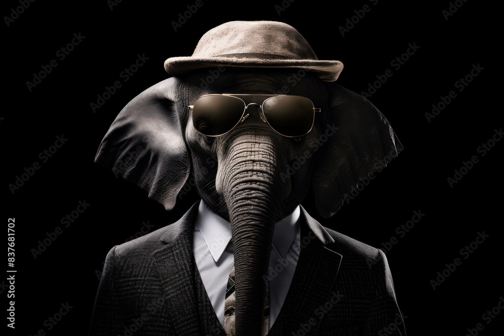 Funny elephant with sunglasses in a suit on a black background.