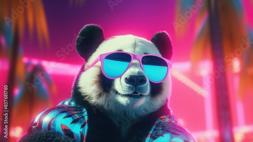 Panda with colorful neon retrowave background.
