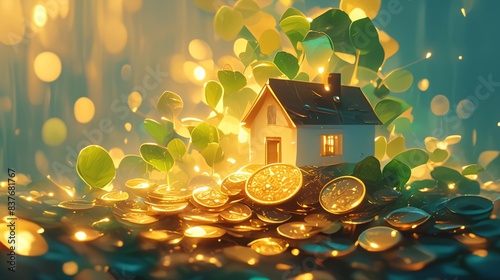 A photo of a house with a large yard in the background, a pile of coins on the ground, bright lights from inside the home, shallow depth of field, blurred focus, warm color tones, evening setting, photo