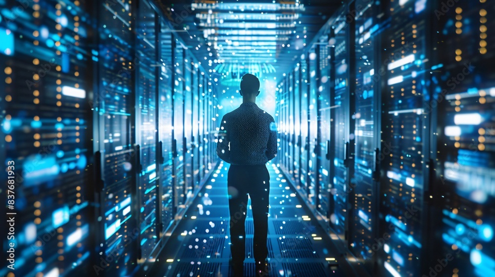 Man in server room under blue lights Man in server room under blue lights