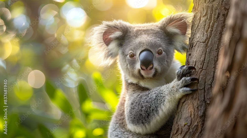 Fototapeta premium Adorable Koala Hugging Eucalyptus Tree with Serene Expression and Soft Fur