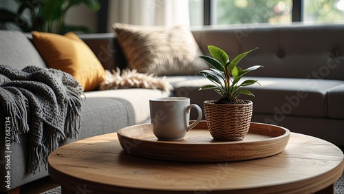 Modern cozy interior of living room with close-up a wooden coffee table, a houseplant and a cup of coffee or tea. Blurred background with design sofa, pillows in minimalist stylish home decoration.