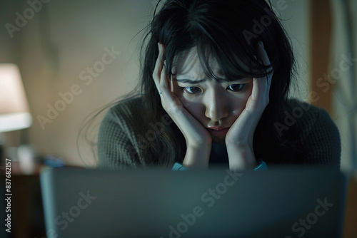 Generative AI Image of Japanese Girl Looking at Laptop with Sad Expression Because Stress with Her Job