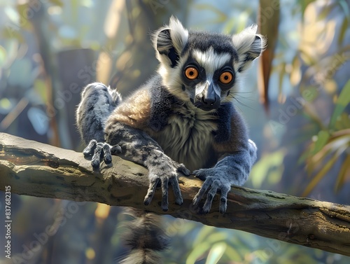 Curious Lemur with Striking Eyes and Striped Tail Perched on Tree Branch