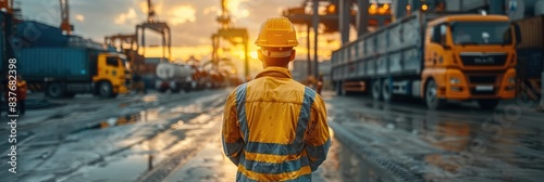 Construction worker in safety gear observing industrial site at sunset, surrounded by trucks and machinery, capturing the essence of hard work. photo