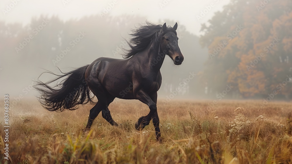 Majestic Stallion Galloping Across an Open Autumn Field with Flowing Mane and Tail Majestic Stallion Galloping Across an Open Autumn Field with Flowing Mane and Tail
