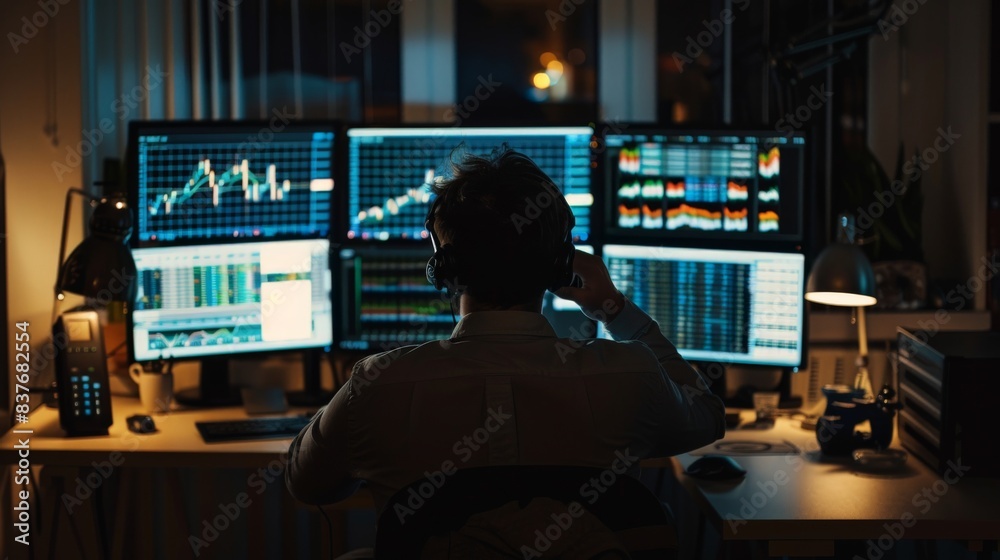 A financial analyst studying complex data on multiple computer screens in a dark room A financial analyst studying complex data on multiple computer screens in a dark room