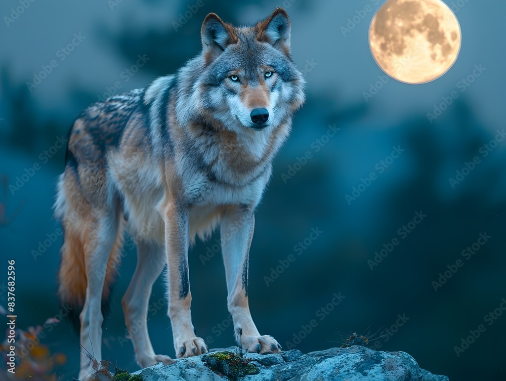Fototapeta premium Fierce Wolf Stands Vigilant on Rocky Outcrop with Full Moon in Moody Night Landscape
