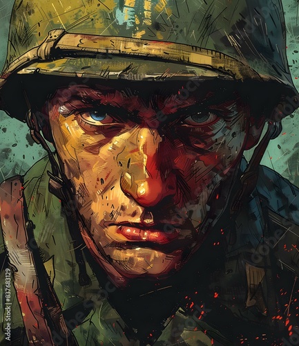 Portrait of a soldier wearing a green helmet photo