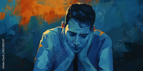 man in blue shirt holding his head