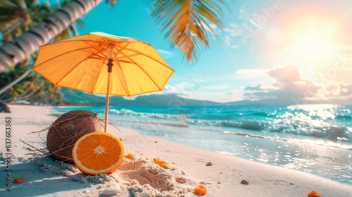  An orange, halved, sits atop a sandy beach near the ocean A yellow umbrella is adjacent Another orange half lies on the sand