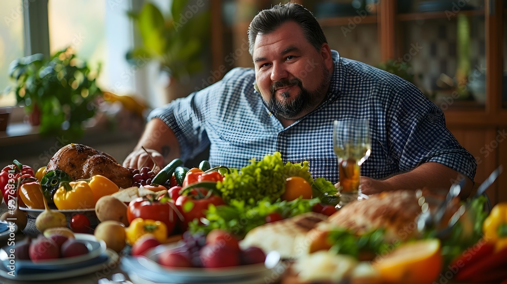 Overweight Man Enjoying a Healthy Meal with Fresh Fruits and Vegetables on a Beautifully Set Table Overweight Man Enjoying a Healthy Meal with Fresh Fruits and Vegetables on a Beautifully Set Table