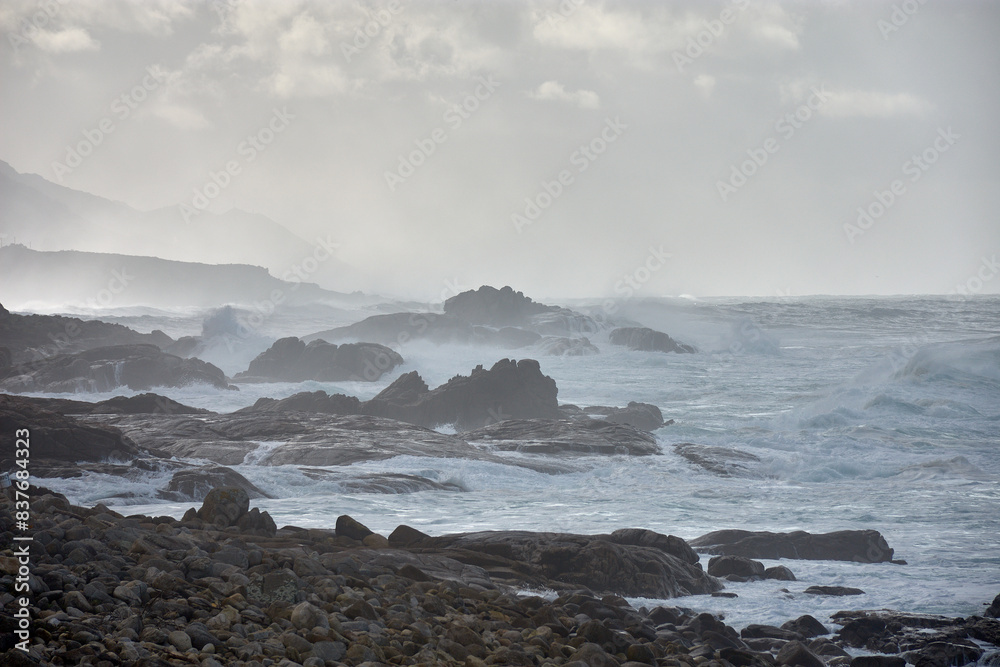 Fototapeta premium Rough sea at Cabo Silleiro, Baiona, Pontevedra, Spain
