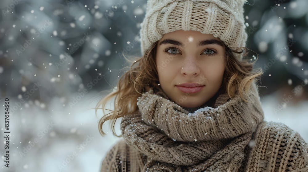 Fashionable Woman in Cozy Winter Outfit Stands in Snowy Forest Landscape Fashionable Woman in Cozy Winter Outfit Stands in Snowy Forest Landscape