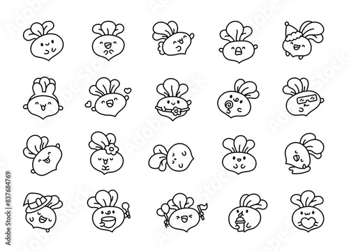 Kawaii radishes character. Coloring Page. Cute vegetable. Funny cartoon. Hand drawn style. Vector drawing. Collection of design elements.