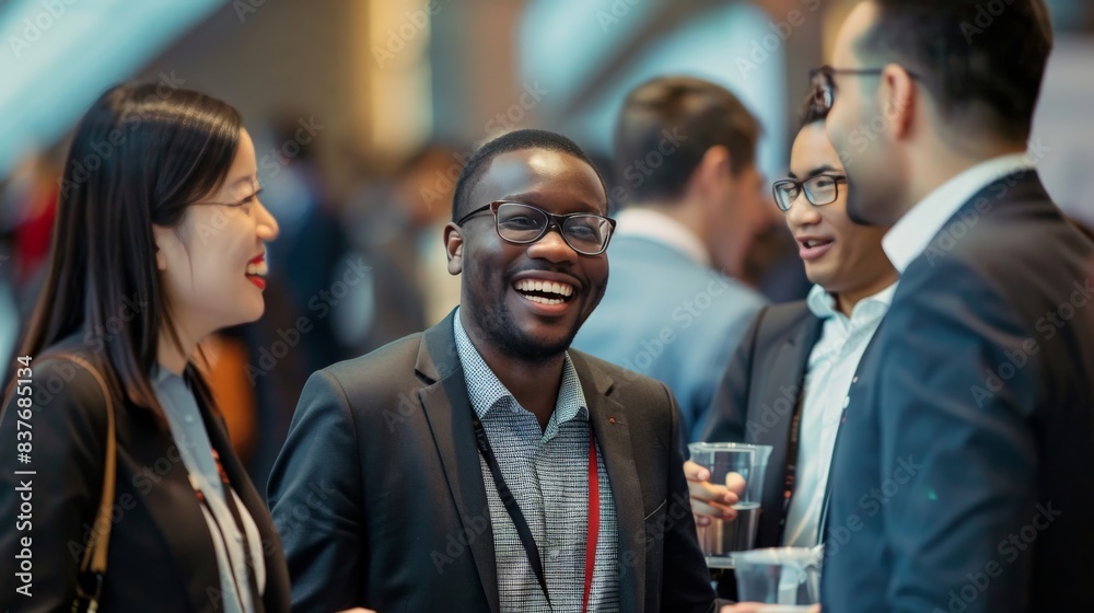 A group of business professionals from different cultural backgrounds networking at a global conference A group of business professionals from different cultural backgrounds networking at a global conference