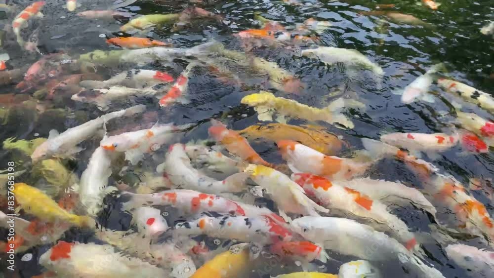 A group of colorful carp swim in the clear water pond. fish swimming in the pond. koi fish waiting for food. Raising koi fish in the pond. How to raise carp. feed the fish. A group of colorful carp swim in the clear water pond. fish swimming in the pond. koi fish waiting for food. Raising koi fish in the pond. How to raise carp. feed the fish.
