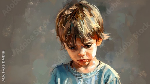 sad boy looking down with brown hair