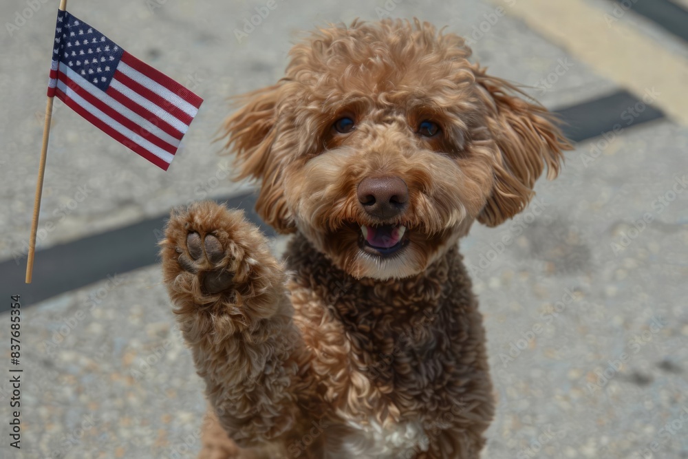 Pooch proudly waving an American flag in its paw