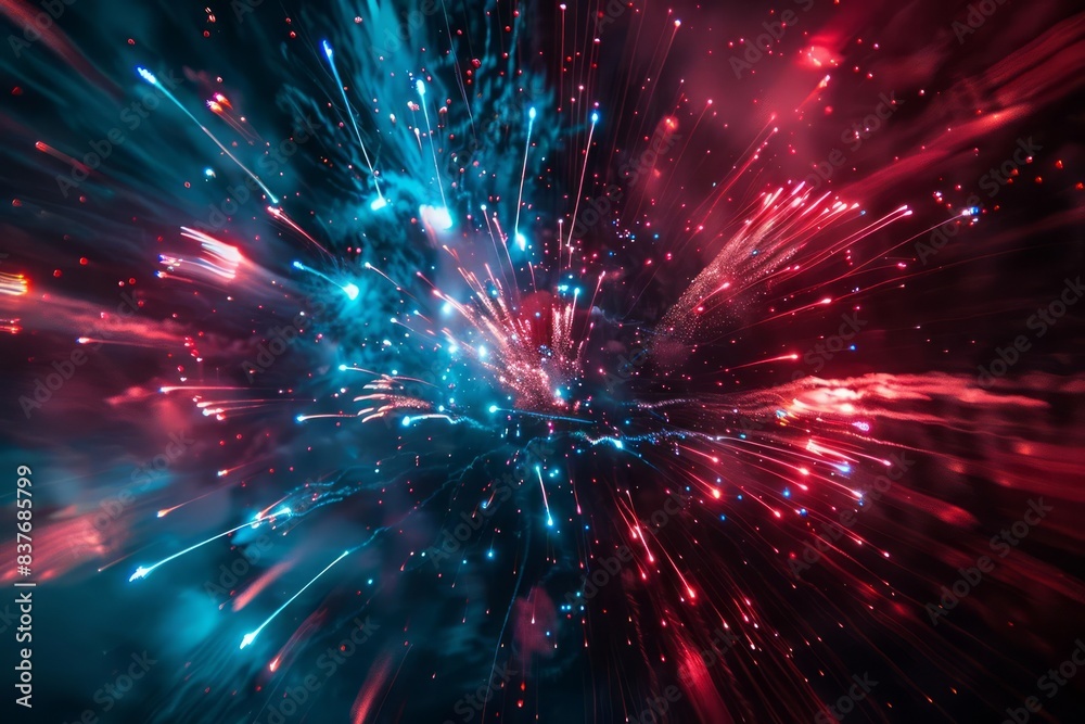 Show a dynamic composition of red and blue fireworks illuminating the darkness with their brilliance Show a dynamic composition of red and blue fireworks illuminating the darkness with their brilliance