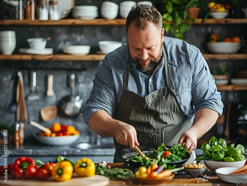Overweight Man Cooking Healthy Meal in Modern Kitchen with Fresh Ingredients