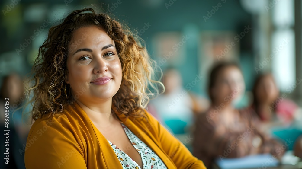 Confident Overweight Woman Presenting at Business Meeting in Professional Setting Confident Overweight Woman Presenting at Business Meeting in Professional Setting