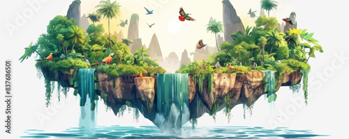 A surreal floating island with lush vegetation, cascading waterfalls, and colorful exotic birds. Vector flat minimalistic isolated illustration.