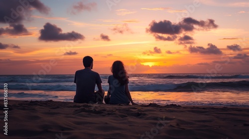 Two people sit on the sand at a beach  enjoying a romantic sunset together with clouds filling the sky