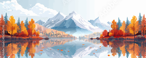 A tranquil mountain lake reflecting the snow-capped peaks and vibrant autumn foliage of the surrounding forest. Vector flat minimalistic isolated illustration.