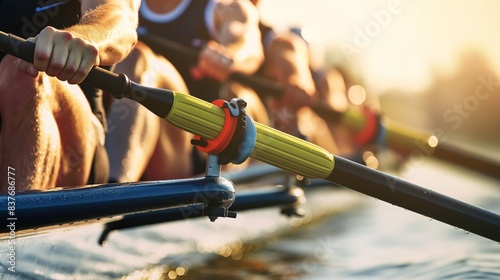 A dynamic close-up of rowers' oars dipped into the water during a competitive race photo