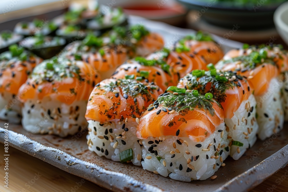 Onigiri - Rice balls wrapped in nori, filled with salmon, pickled plum, or tuna. Onigiri - Rice balls wrapped in nori, filled with salmon, pickled plum, or tuna.