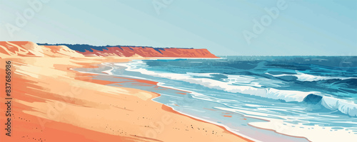 Beach with endless sandy dunes washed by coastal waves. Digital art style vector flat minimalistic isolated illustration.