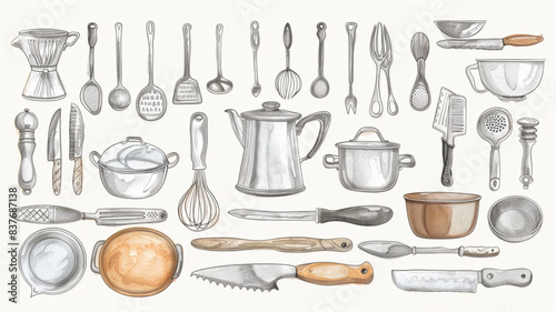  Big set of kitchen tools and equipment in vintage hand drawn style, vector illustration on white background