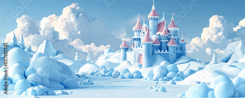 snowy landscape with ice castle vector simple 3d isolated illustration
