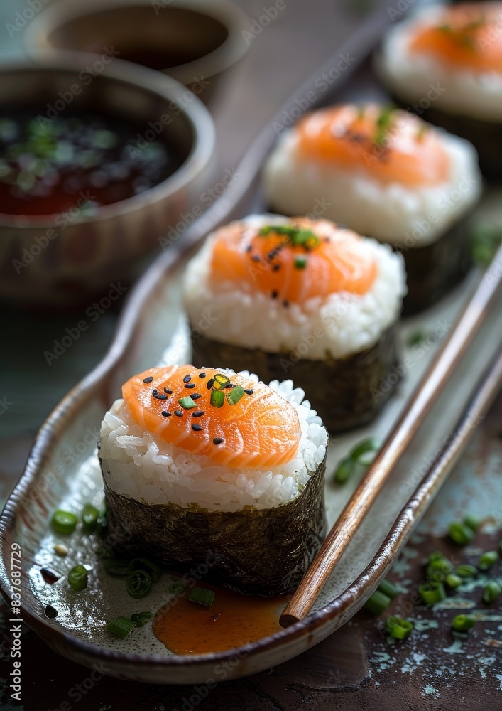 Onigiri - Rice balls wrapped in nori, filled with salmon, pickled plum, or tuna. Onigiri - Rice balls wrapped in nori, filled with salmon, pickled plum, or tuna.
