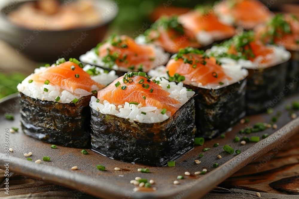 Onigiri - Rice balls wrapped in nori, filled with salmon, pickled plum, or tuna. Onigiri - Rice balls wrapped in nori, filled with salmon, pickled plum, or tuna.