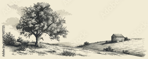 Rural landscape, tree and farm. Vector hand drawn vintage engraved sketch.