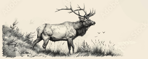 elk Engraving style. Simple pencil drawing vector