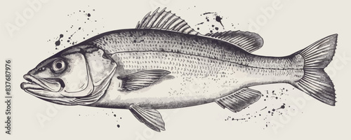 Hand drawn Sea Bass, whole fish, sketch in vintage engraving style. Fishing, Seafood concept.. vector simple illustration