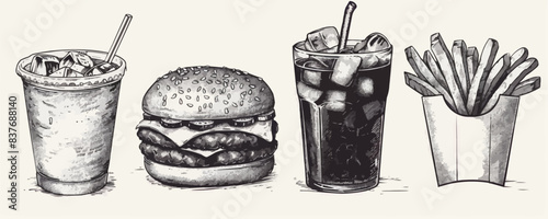 Fast Food set vintage. Burger, french fries and cola with ice in cup sketches. Vector illustration in retro style. vector simple