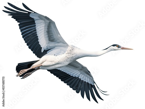 Crane bird flying isolated on white background