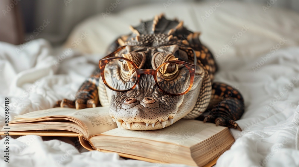 Obraz premium Cute crocodile with glasses reading a book.
