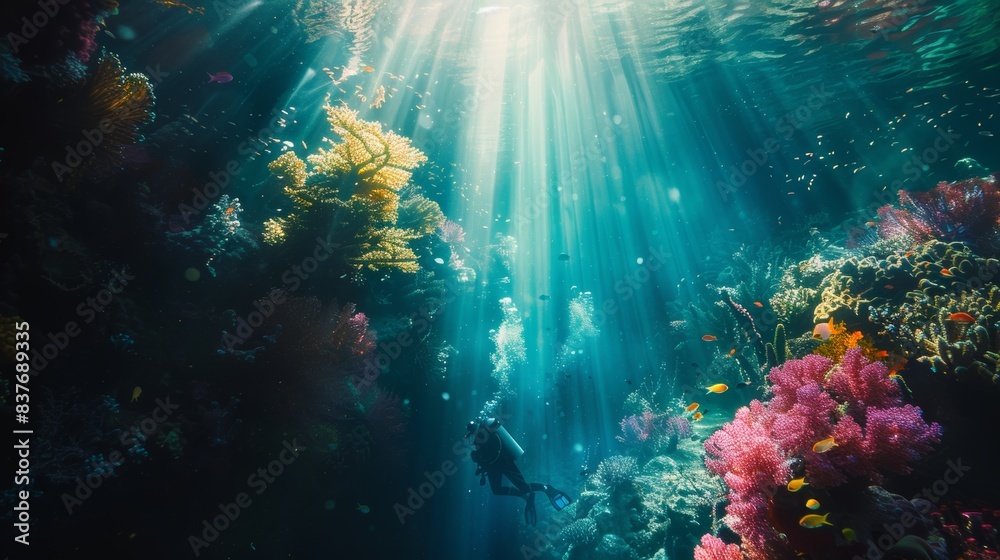 Fototapeta premium A diver exploring a vibrant coral reef illuminated by a single beam of sunlight penetrating through the water, creating a magical underwater scene