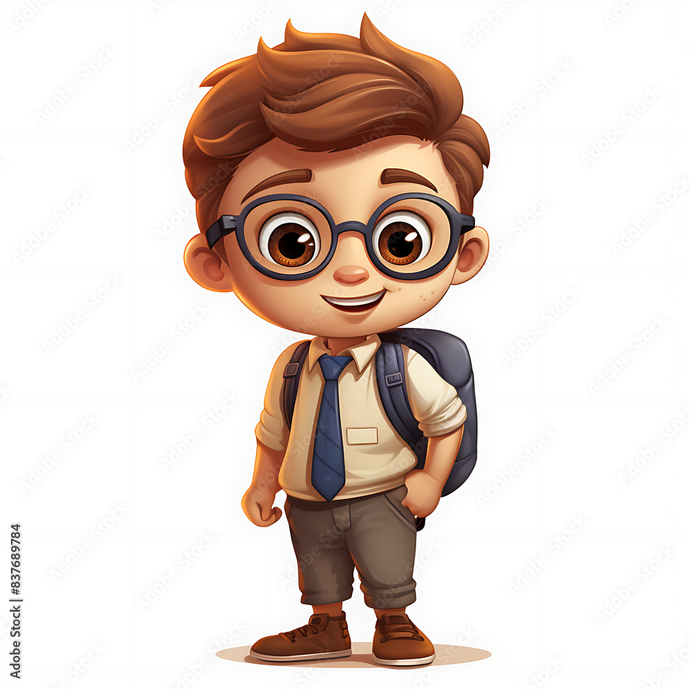 Cute Cartoon Boy with Glasses and Backpack - Adorable Character Illustration for Childrenâ€™s Books, Educational Materials, and Digital Media