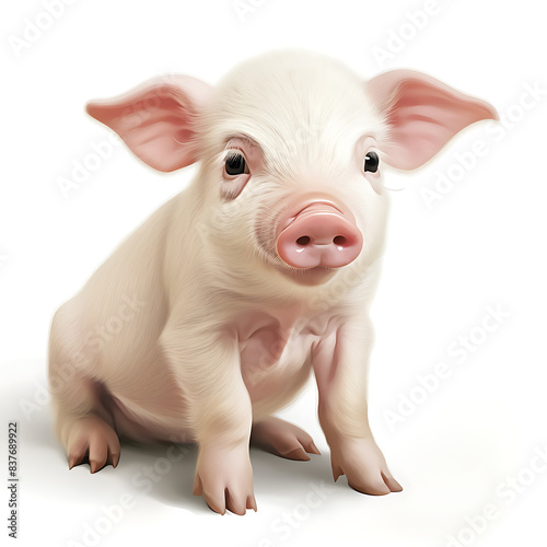 Adorable Baby Piglet Sitting on White Background, Close-Up of Cute Farm Animal with Pink Ears and Snout, Perfect for Agriculture, Animal Lovers, and Children's Content