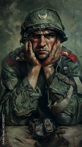 A portrait of a soldier wearing a helmet and a gas mask.