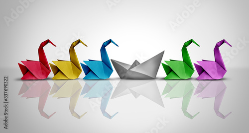 Photography Underperformance concept as an basic undeveloped outsider as a paper boat in a group of highly sophisticated origami birds as a metaphor for a novice or beginner in a competitive skilled group